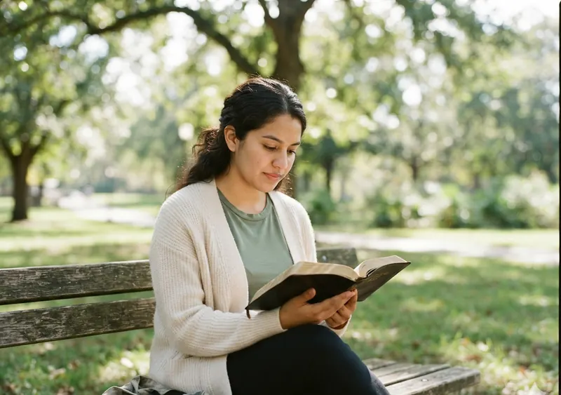 Joven leyendo la Biblia al aire libre