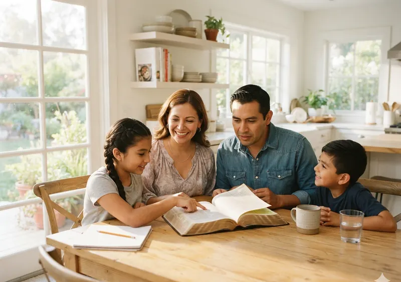 Familia leyendo la Biblia juntos en casa